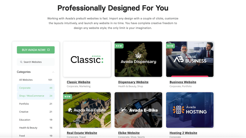Example of demos for corporate and business websites - Source: Avada