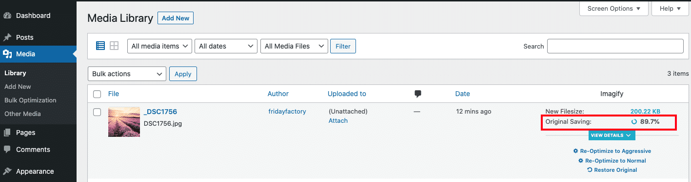 Imagify saved almost 90% of the file size