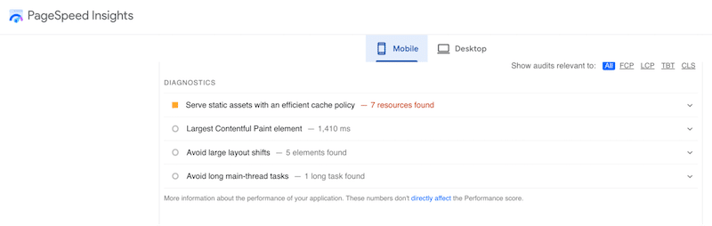 List of the necessary improvements to boost performance - Source: PageSpeed Insights