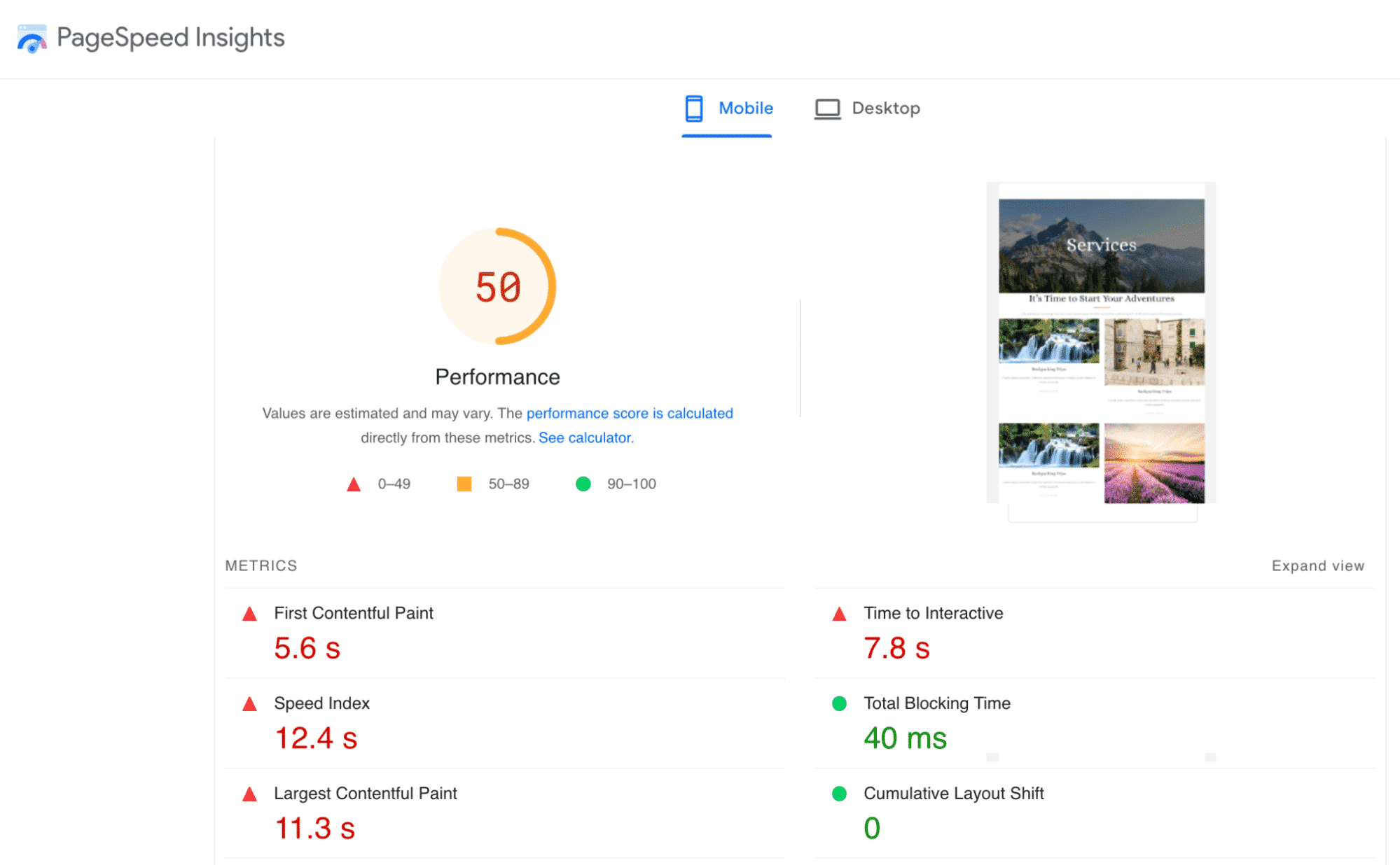 Performance results with my unoptimized page (No Imagify) - Source: PageSpeed Insights