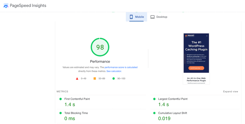 Performance Score and Core Web Vitals - Source: PageSpeed Insights